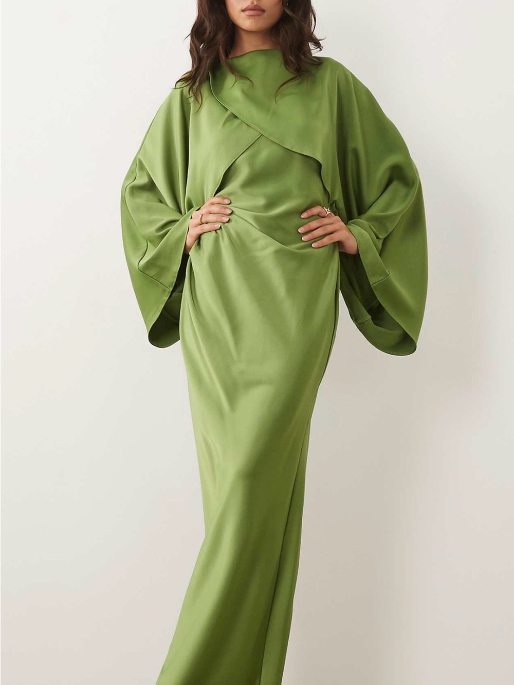 ASOS Olive Satin Maxi Dress with Flowing Kimono Sleeves